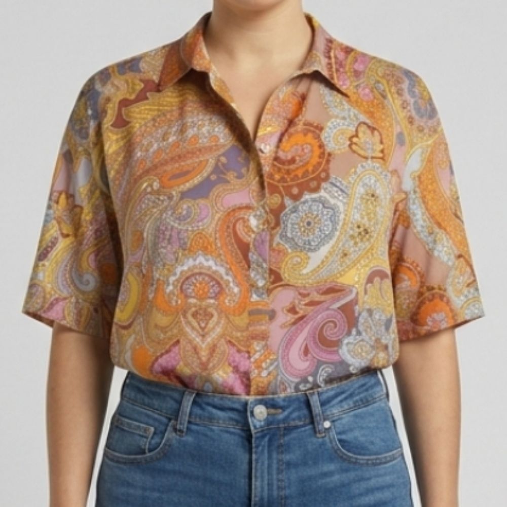 Johnny Was 100% Silk Boxy Fit Button Up Top Paisley Print Boho Blouse Size Large